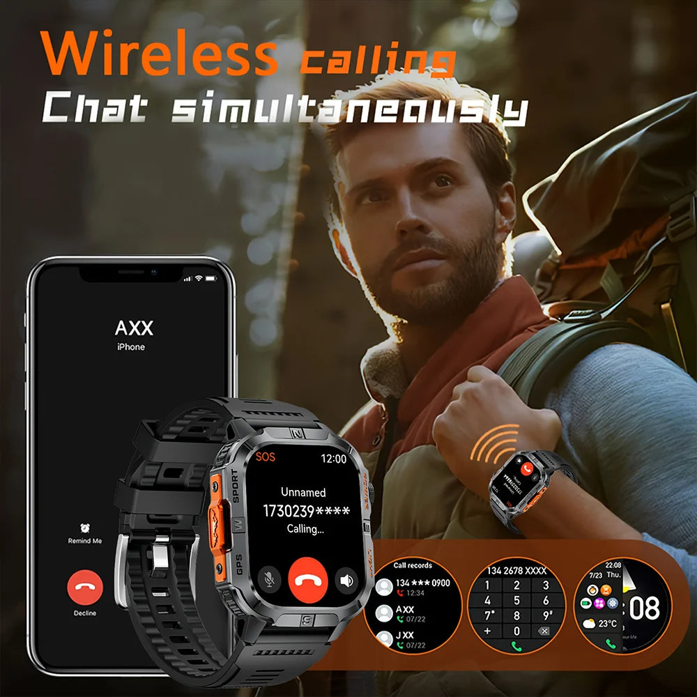 2026 New Outdoor Military Men's Smartwatch Is Equipped With GPS LED Lighting, A Compass, Wireless Communication, IP68 Waterproof