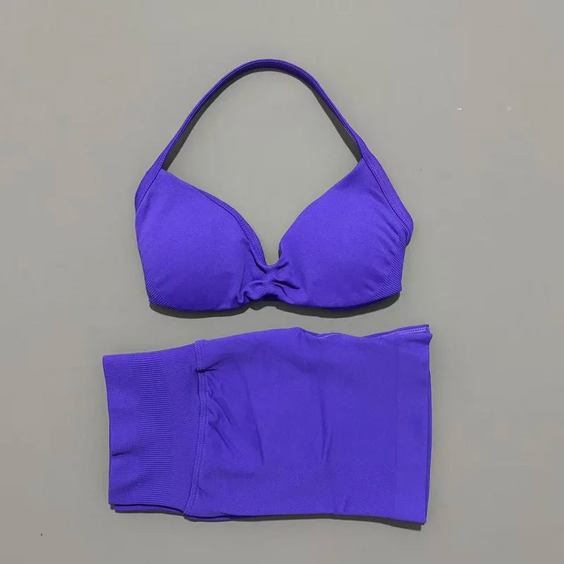 2 Piece Sports Gym Set Strappy Bra Yoga Underwear Short Sport Leggings Bicycle Running Sportswear Woman Seamless Yoga Set