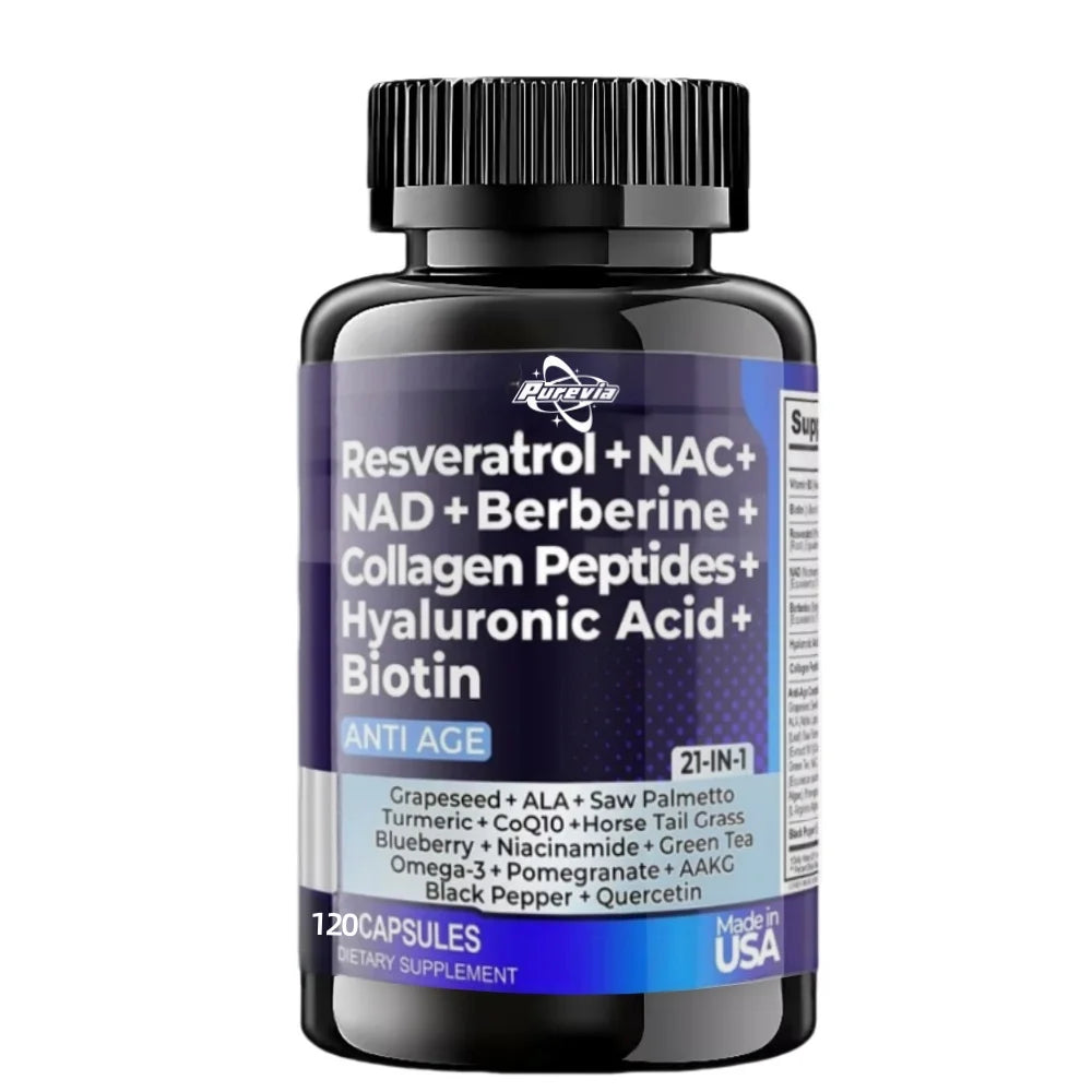 Resveratrol Nad Aspartate Hyaluronic Acid Grape And Blueberry Collagen Peptides Hair, Nail, Skin, And Joint Supplements Capsules