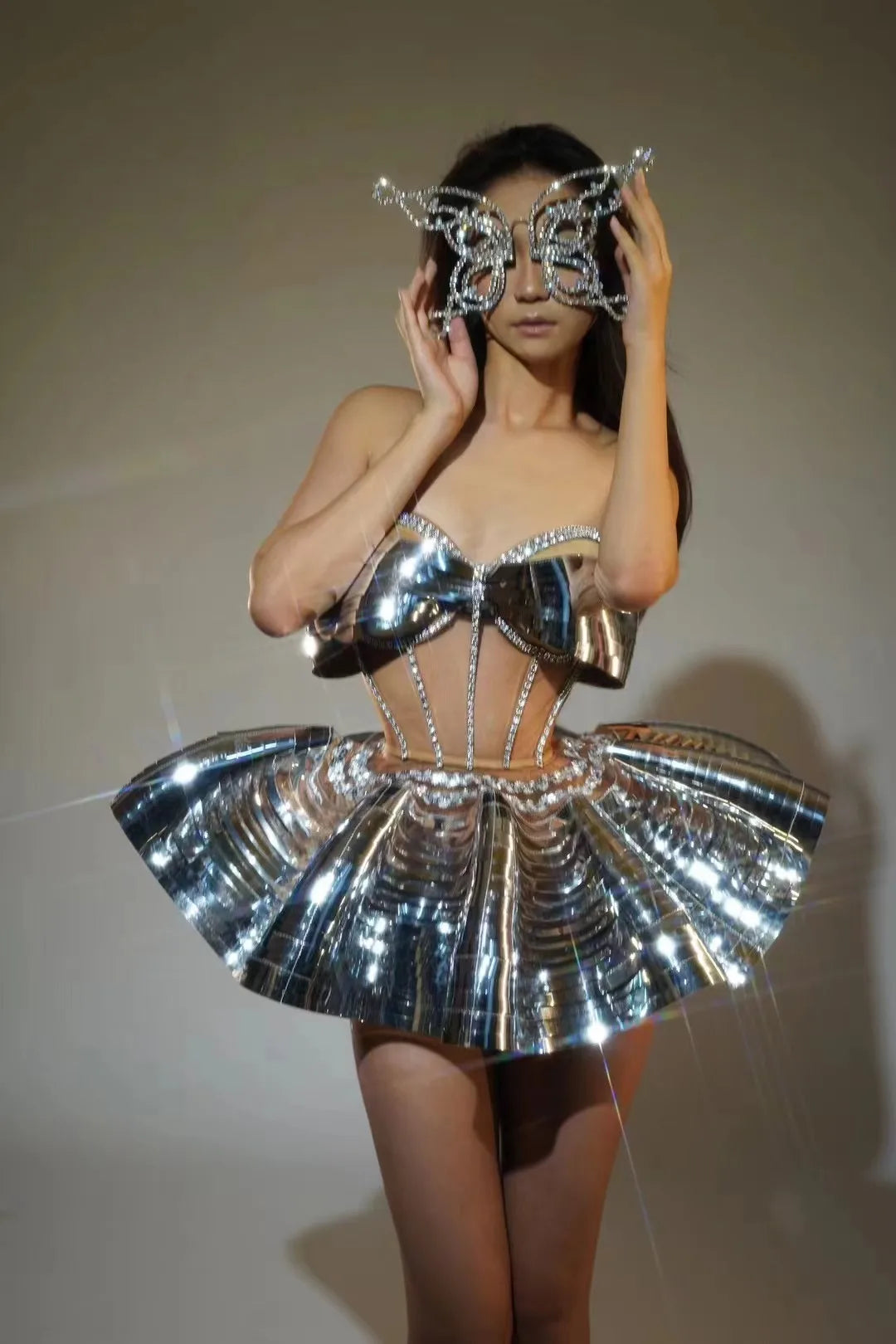 Silver Gogo DJ Singer Dance Costume Skirt Suit Electronic Syllable New Bar Flying Saucer Performance Clothing Customizable