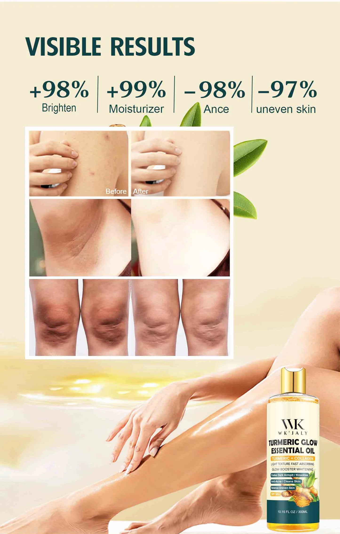 WK JALY Turmeric Whitening Essential Oil, With Collagen, Moisturizing, Brighten, Remove Acne, Dark Spots, for All Skin, 300ml