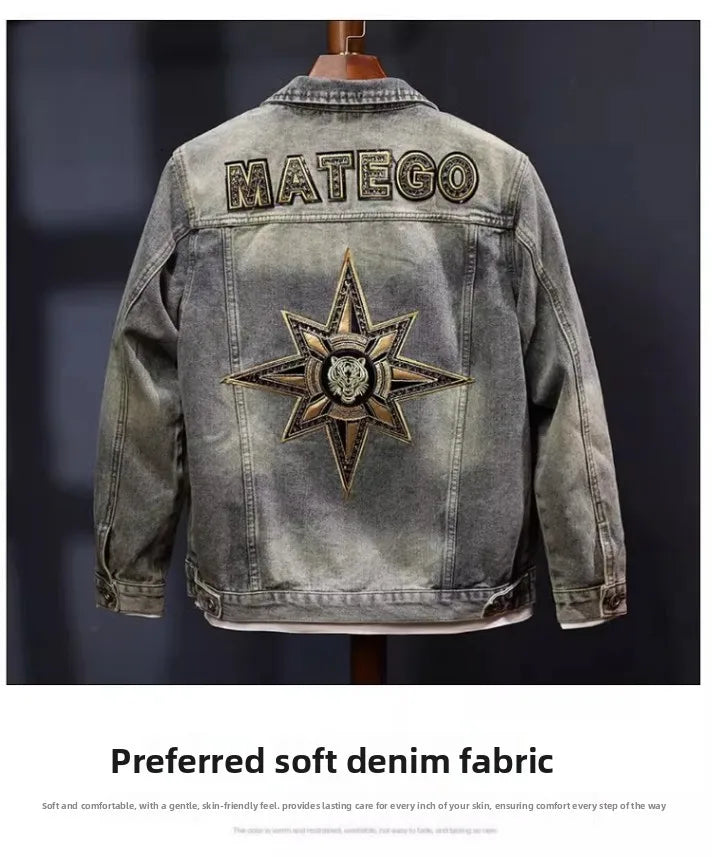 Faionable Retro Motorcycle Jaet Men's Light Colored Embroidered Denim Coat Sli Casual Cotton Polyester Blend Outerwear
