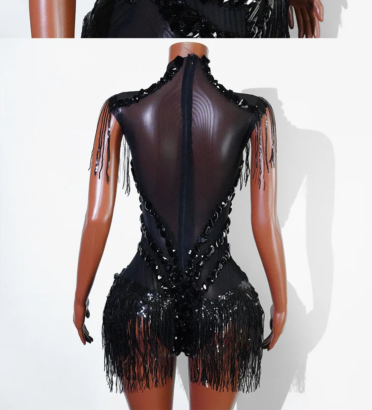 Sexy Mesh Sheer Black Rhinestone rhinestone Bodysuit Singer Dancer Show Stage Outfit Celebrate Party Night Club Performance Waer