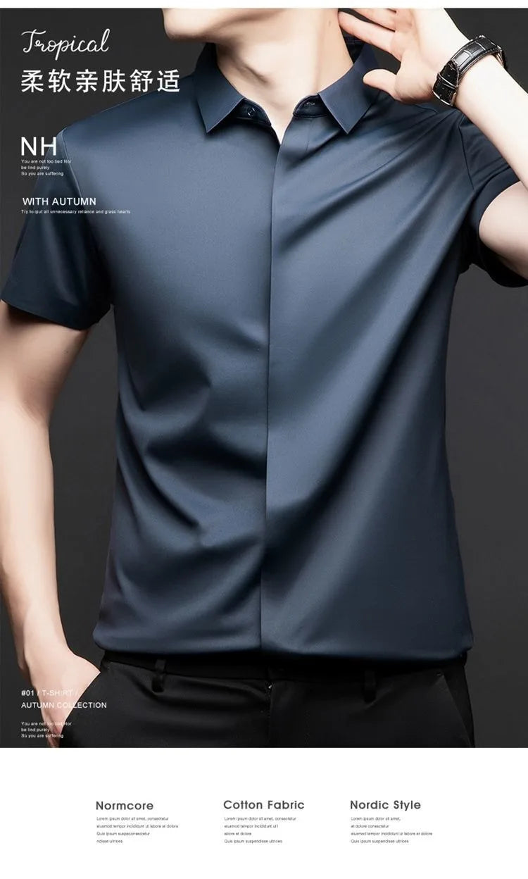 High end Mulberry Silk Dress Shirts Business Men Wrinkle Resistant Button Invisible Elastic Tops Luxurious Male Quality Clothing