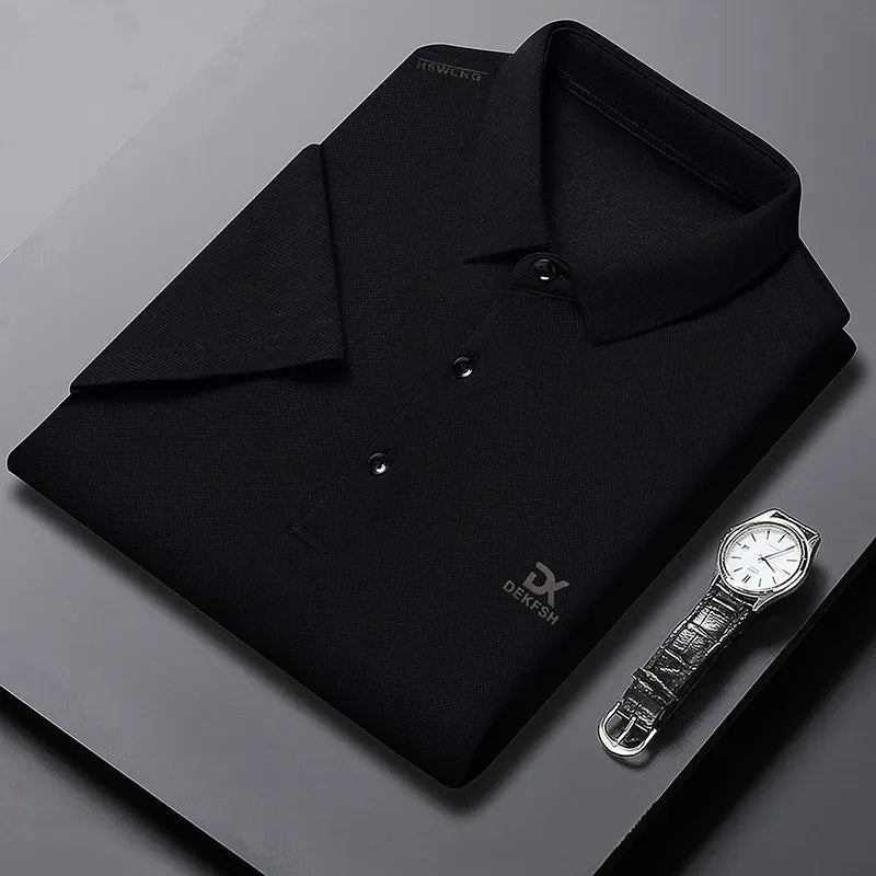 New Men's Business Casual Short Sleeved Shirt with Badge Solid Color Polo Shirt Fashionable Breathable Comfortable Versatile Top