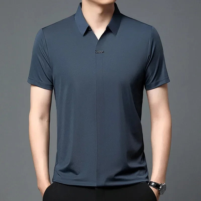 High End Mulberry Silk T-shirts Man Long Sleeve Tops Business Casual Elastic Non-iron Seamless Quality Luxurious Men Polo Shirts