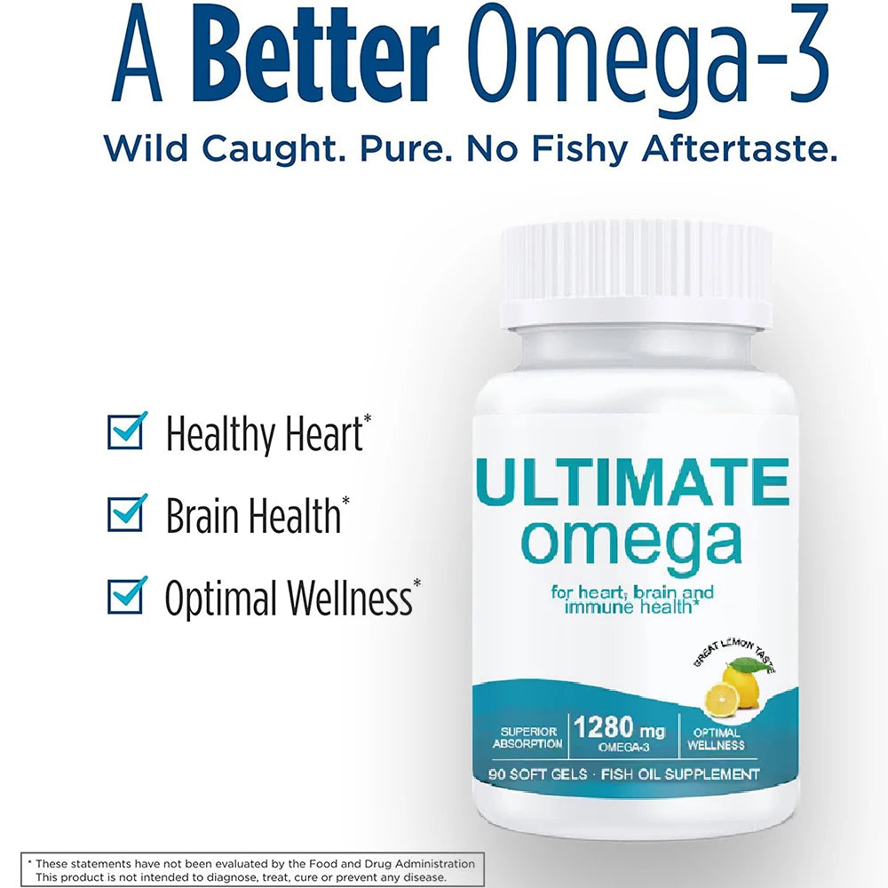 Ultimate Omega 3 Fish Oil Supplement with EPA & DHA - Promotes Brain & Heart Health - 120 Softgels - 1280 Omega-3 - Non-GMO