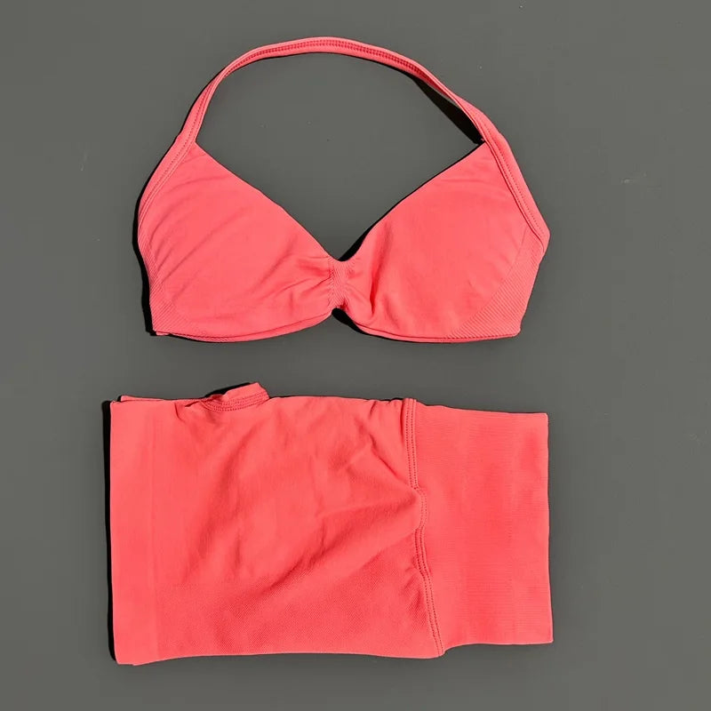 2 Piece Sports Gym Set Strappy Bra Yoga Underwear Short Sport Leggings Bicycle Running Sportswear Woman Seamless Yoga Set