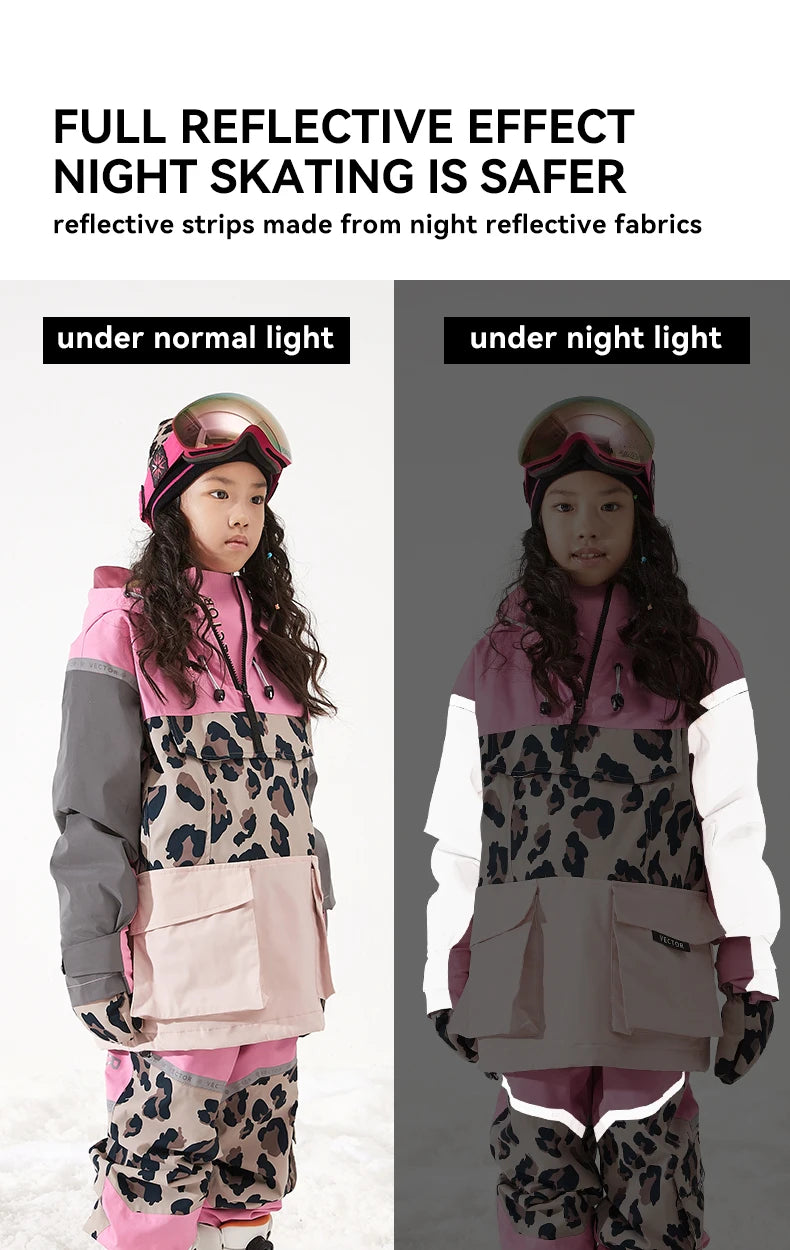 VECTOR Ski Wear Children Hooded Sweater Reflective Boys and Girls Ski Wear Thickened Warmth Waterproof Ski Equipment Ski Jacket