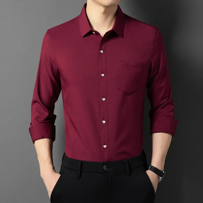 Men's New Casual and Fashionable Long Sleeved Shirt with Pockets Comfortable Wrinkle Resistant and Iron Free Collared Shirt