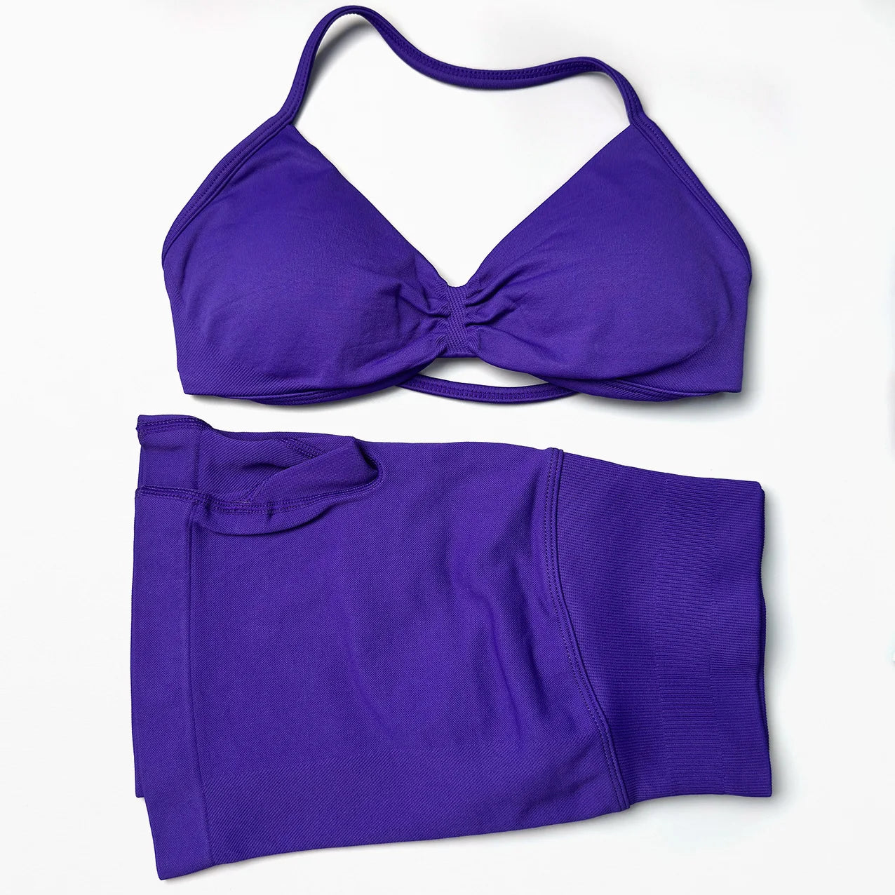 Seamless 2 Pieces Strappy Yoga Halter Bras Sets Scrunch Butt Sports Shorts Quick Dry Backless Gym Crop Tops with Pad Push Up Set