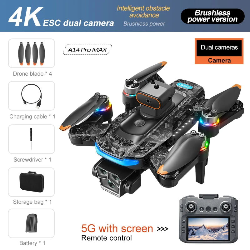 Upgrade A14 Pro Max Drone Aerial 8K HD Dual-Camera 5G WIFI GPS Brushless Motor Optical Flow Obstacle Avoidance RC Drone 10000M