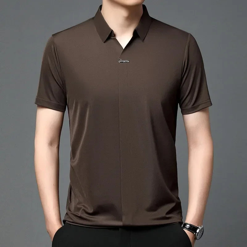High End Mulberry Silk T-shirts Man Long Sleeve Tops Business Casual Elastic Non-iron Seamless Quality Luxurious Men Polo Shirts