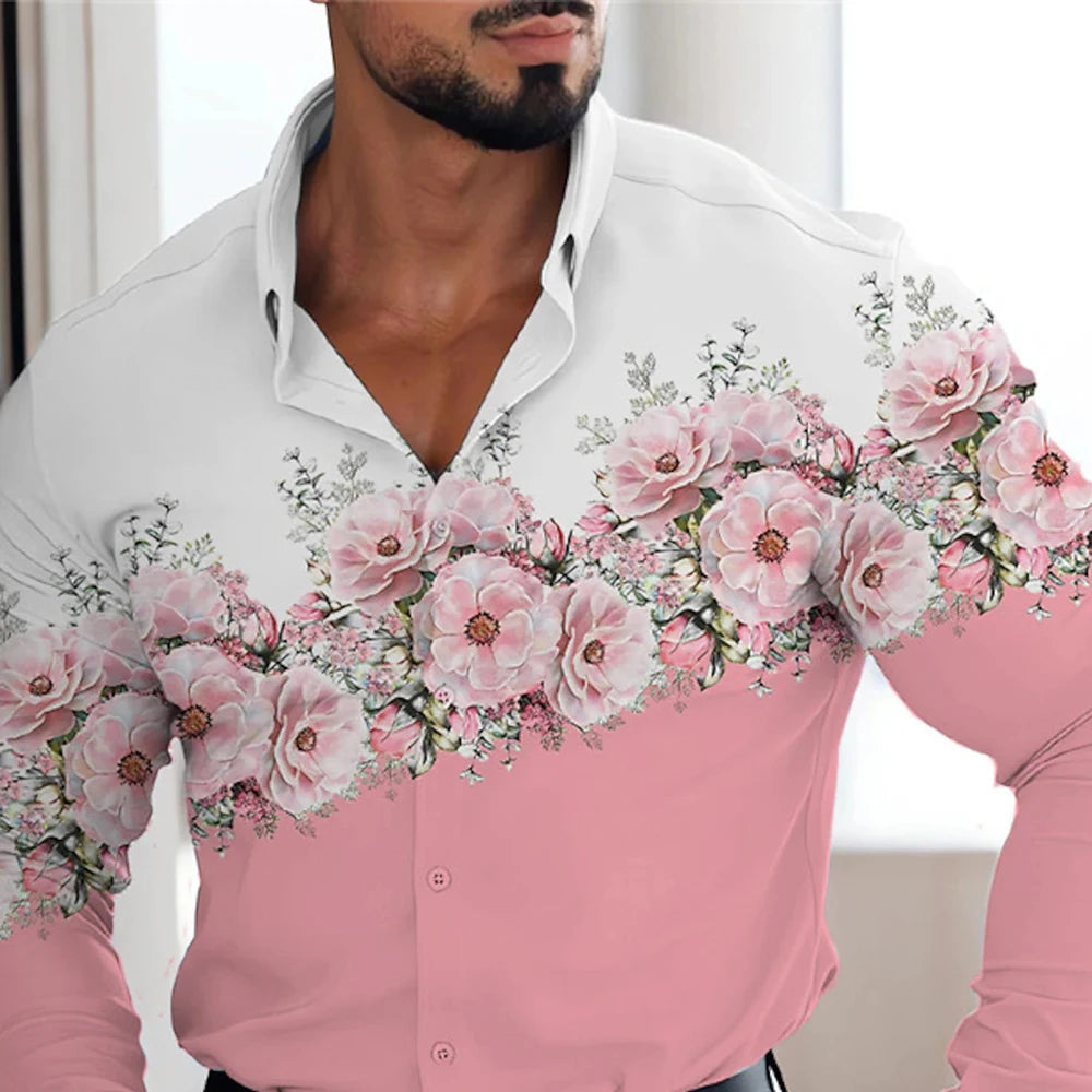 Men's red patterned long-sleeved shirt men's casual versatile fashion street men's shirt lapel single-breasted long sleeve
