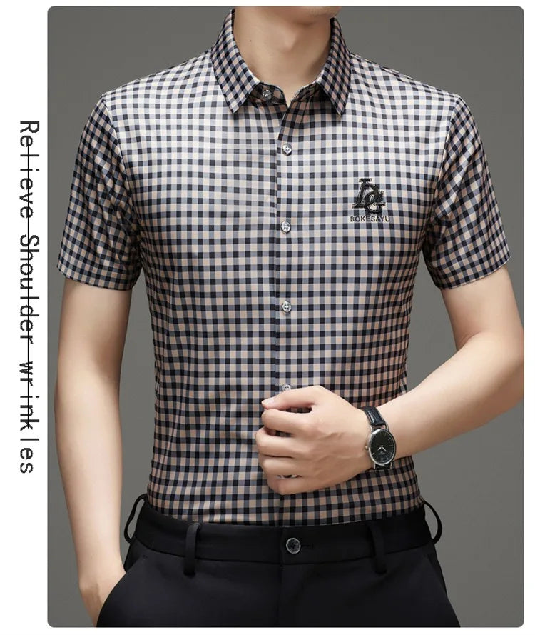 High End Man's Plaid Shirts Non-iron Business Fashion Leisure Tops Luxurious Male Short Sleeve Summer Quality Thin Shirt for Men