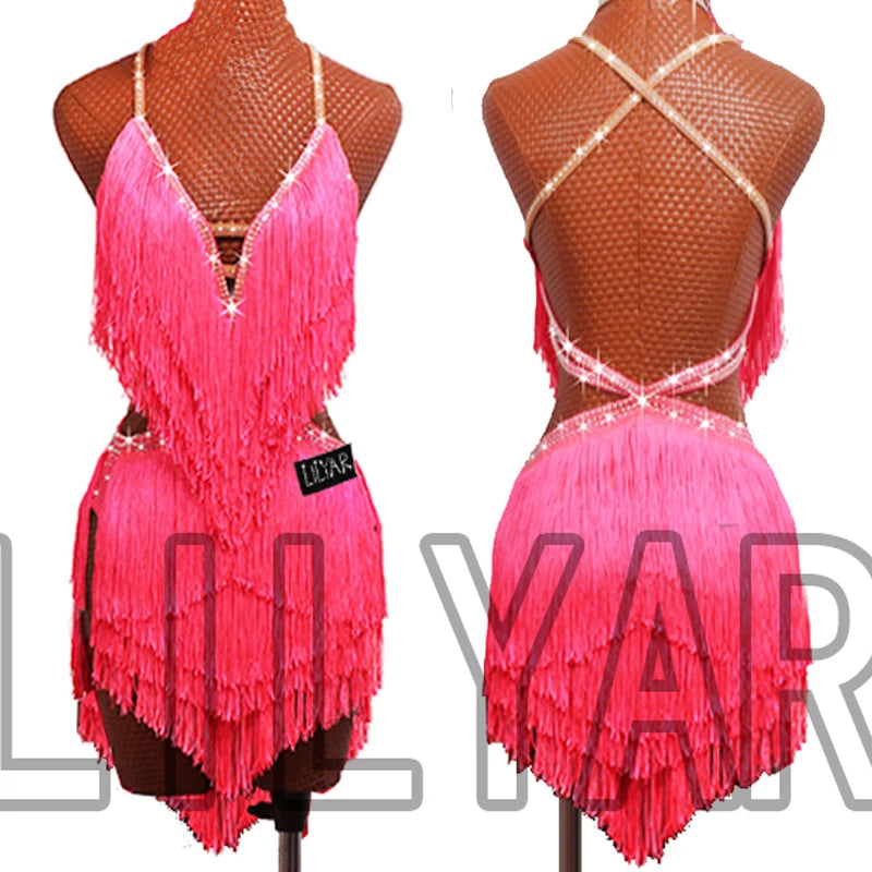 New professional Latin Dance Performance Competition Dress Adult Women Sparkling Pink Tassel Backless Dance Dress