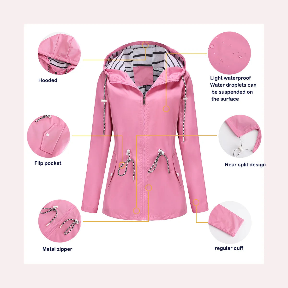 Red Waterproof Hooded Jacket, Women Fashion Casual Coat, Waist Drawstring Tie Zipper Switch Blue Green Yellow Black Windbreaker