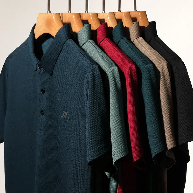 New Men's Business Casual Short Sleeved Shirt with Badge Solid Color Polo Shirt Fashionable Breathable Comfortable Versatile Top