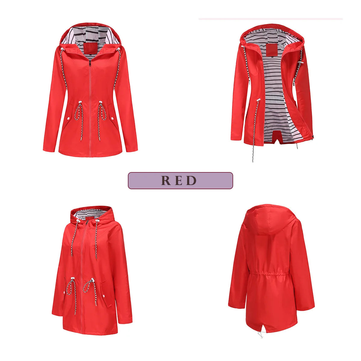 Red Waterproof Hooded Jacket, Women Fashion Casual Coat, Waist Drawstring Tie Zipper Switch Blue Green Yellow Black Windbreaker