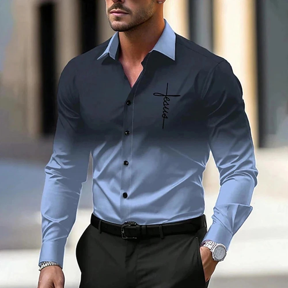 New Spring Autumn Men Clothes Long Sleeve Gradient Color 3D Digital Print Shirt Men Casual Fashion Tops