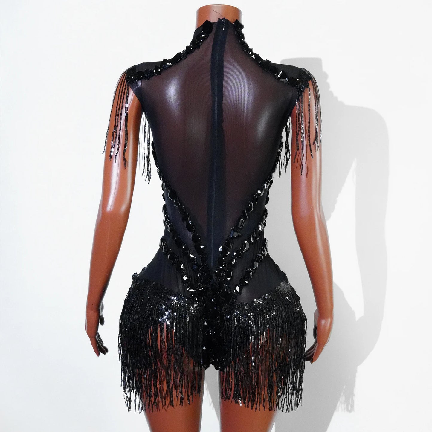 Sexy Mesh Sheer Black Rhinestone rhinestone Bodysuit Singer Dancer Show Stage Outfit Celebrate Party Night Club Performance Waer