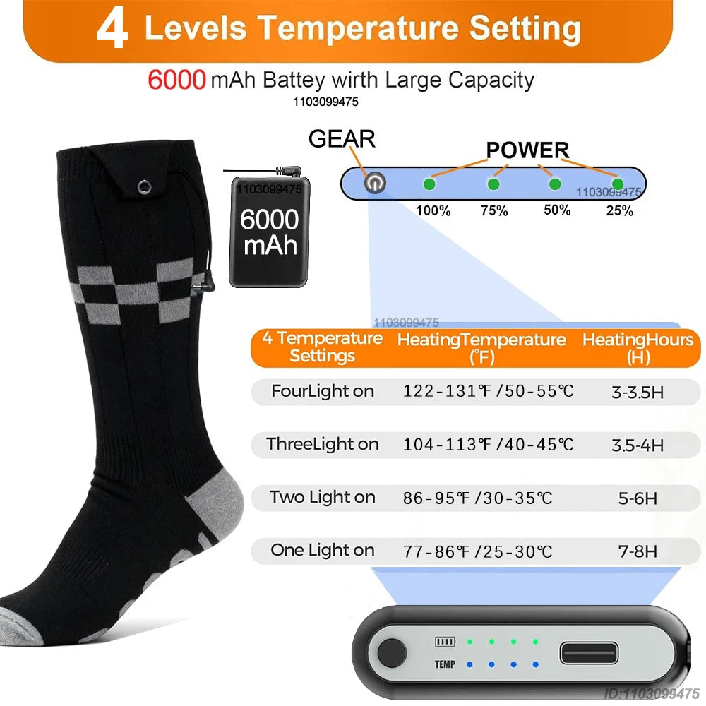 New Heated Socks Rechargeable 6000mah Electric Heated Skiing Socks Snowboarding Outdoor Sports Foot Warmer Winter Thermal Socks