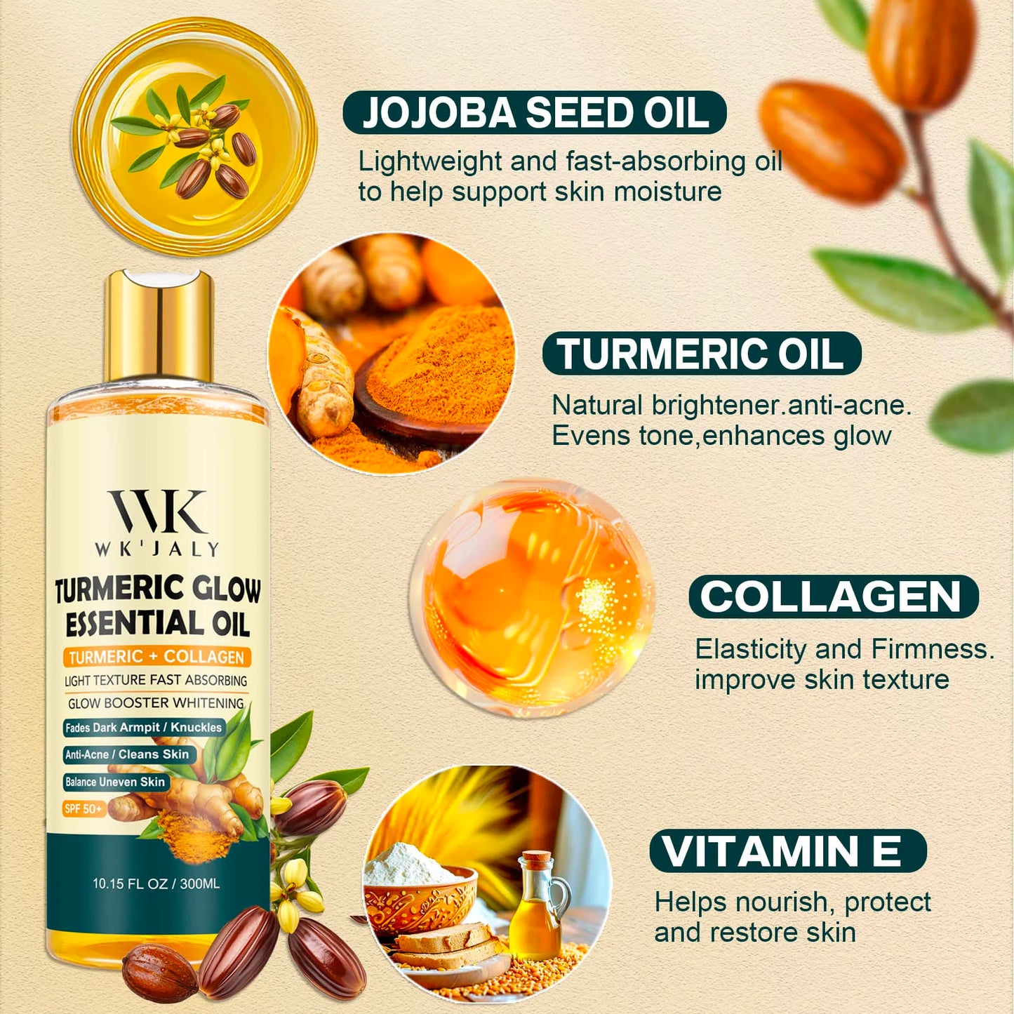 WK JALY Turmeric Whitening Essential Oil, With Collagen, Moisturizing, Brighten, Remove Acne, Dark Spots, for All Skin, 300ml