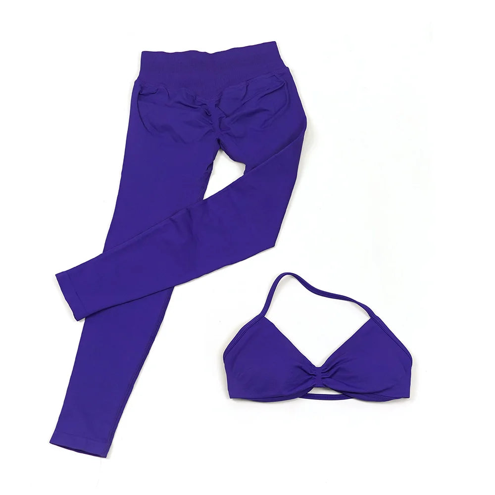Seamless 2 Pieces Strappy Yoga Halter Bras Sets Scrunch Butt Sports Shorts Quick Dry Backless Gym Crop Tops with Pad Push Up Set