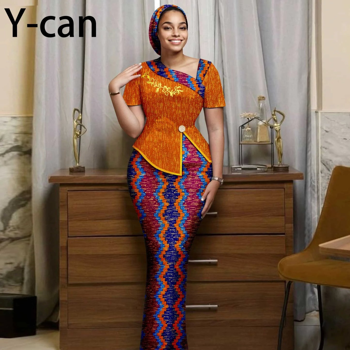 African Women Skirt Set Luxury Gown Short Sleeve Slit Top and Slim Skirt Vestidos with Headwrap Wedding Dress 2526056