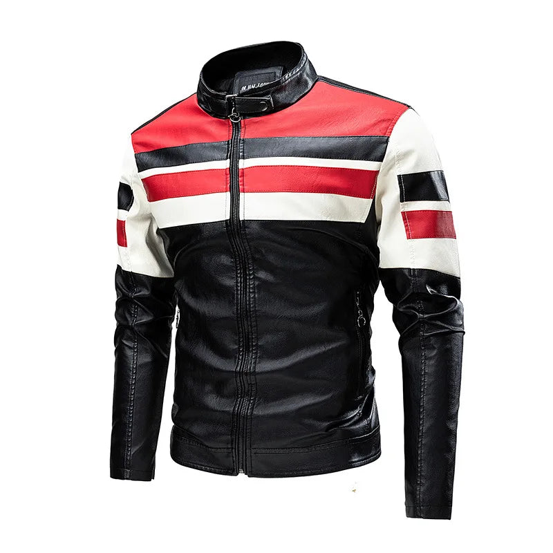 Men's Casual Biker PU Leather Jacket New 2025 Fashion Color Block British Style Motorcycle Jacket Men's Clothing Outerwear
