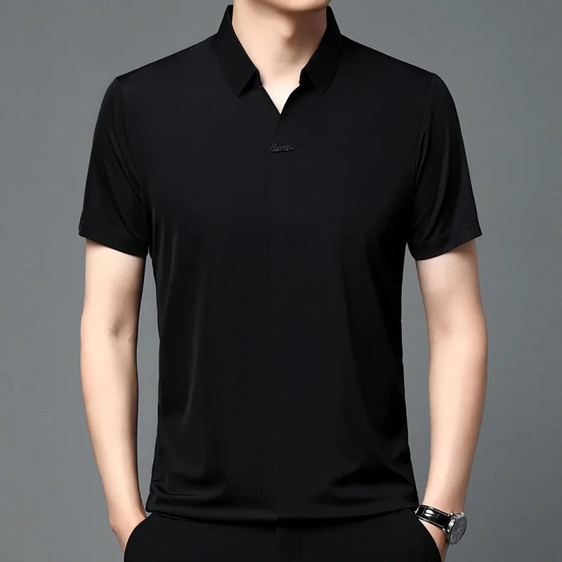 High End Mulberry Silk T-shirts Man Long Sleeve Tops Business Casual Elastic Non-iron Seamless Quality Luxurious Men Polo Shirts