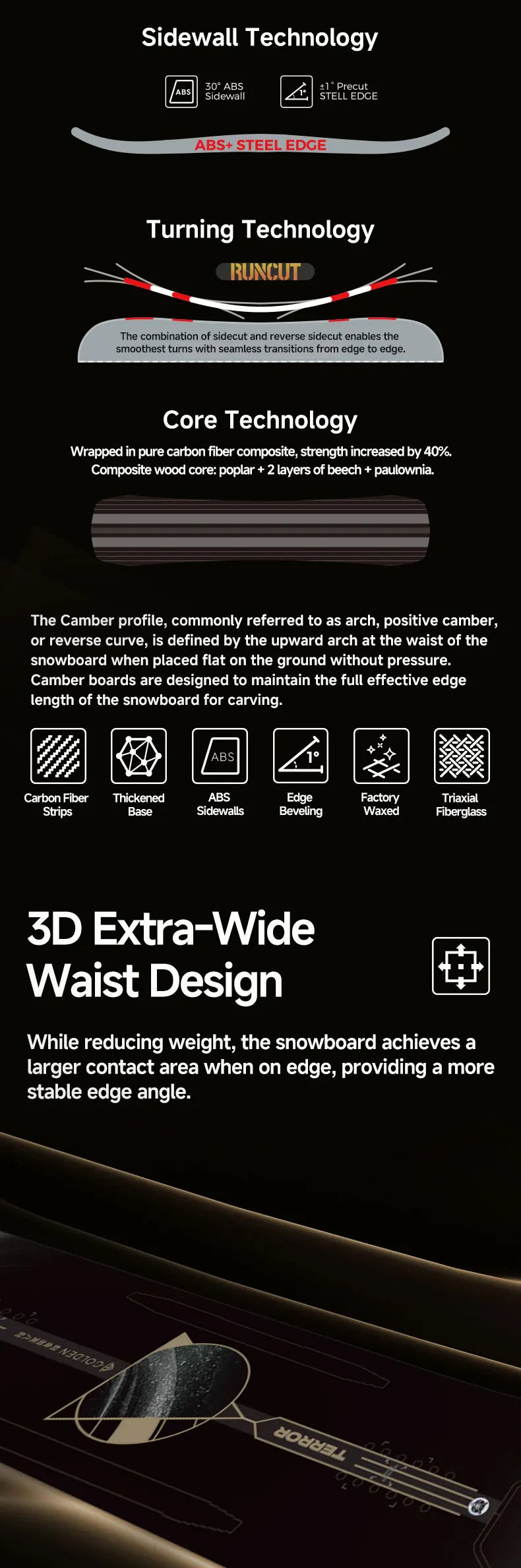 GOLDEN F-CARVE WIDE Snowboard Extra Wide | Big Foot Friendly Carving Board, Camber, 7200 Sintered Base