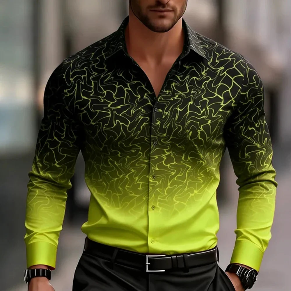 New Spring Autumn Men Clothes Long Sleeve Gradient Color 3D Digital Print Shirt Men Casual Fashion Tops