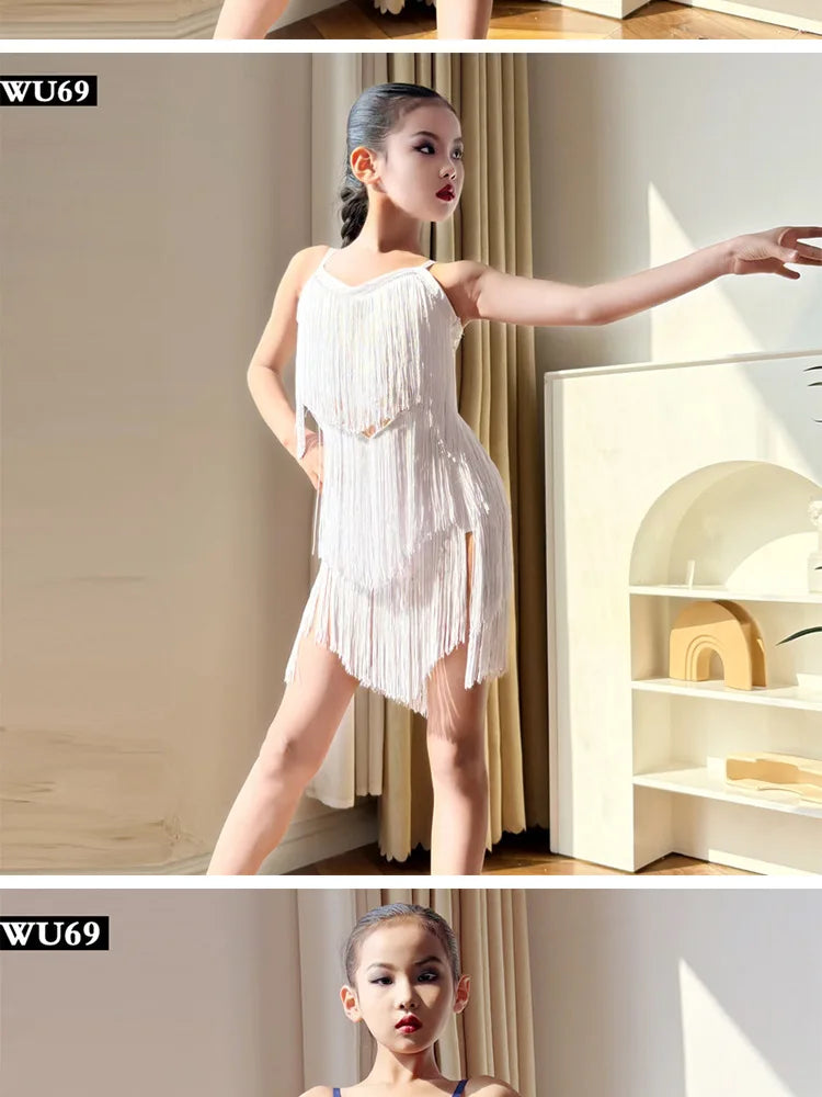 Latin american Dance velvet feather Long Dress Girls Kids Samba Salsa Cha Cha Rumba Tango Children Competition Ballroom Dresses