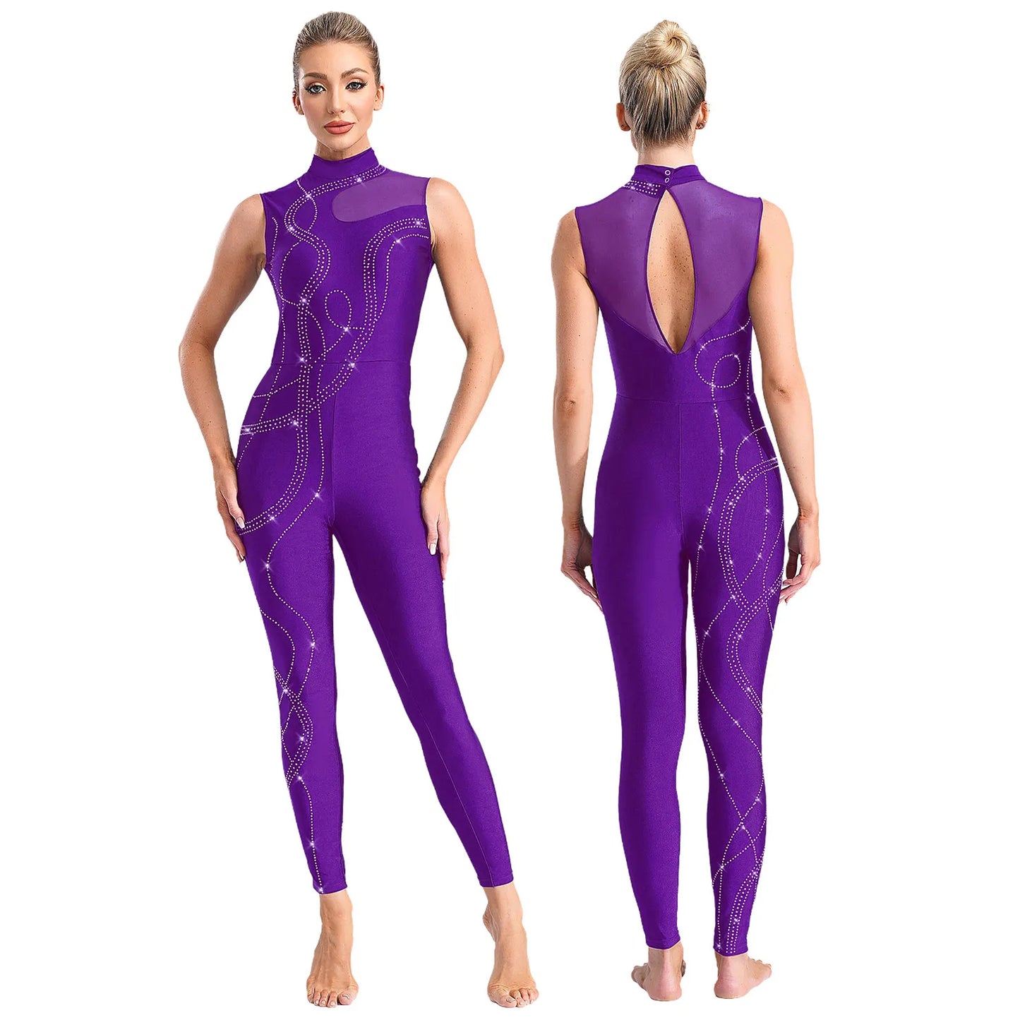 Womens Rhythmic Gymnastics Artistic Figure Skating Dance Costume Shiny Rhinestones Ballet Dance Unitards Jumpsuit Full Bodysuit