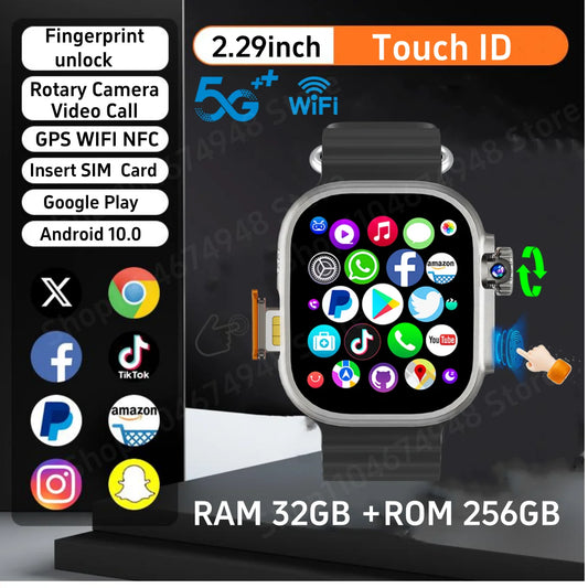 DW100 Pro Android Smartwatch Fingerprint Unlock Control Smart Watch 256GB ROM Free Download App WIFI GPS Camera 2.29inch Amoled