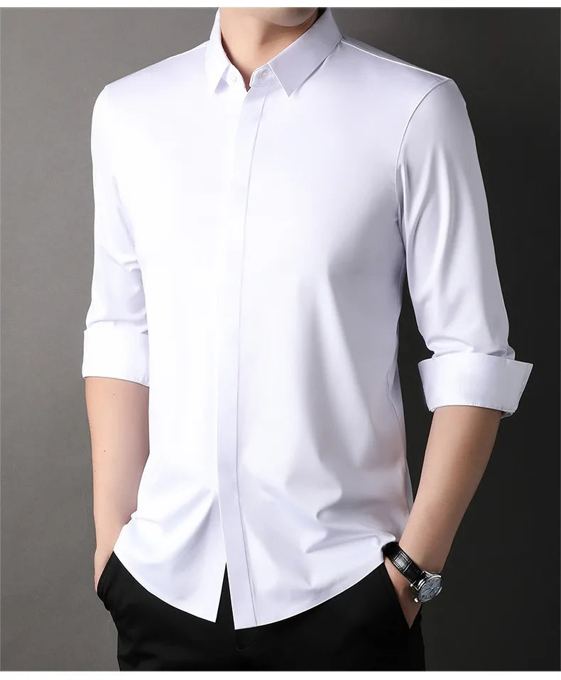 High end Mulberry Silk Dress Shirts Business Men Wrinkle Resistant Button Invisible Elastic Tops Luxurious Male Quality Clothing