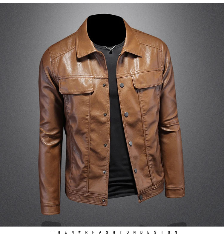 2024 Autumn and Winter New Men's Fashion Handsome with Solid Color Boutique Lapel Motorcycle Leather Coat Slim Fashion  M-5XL