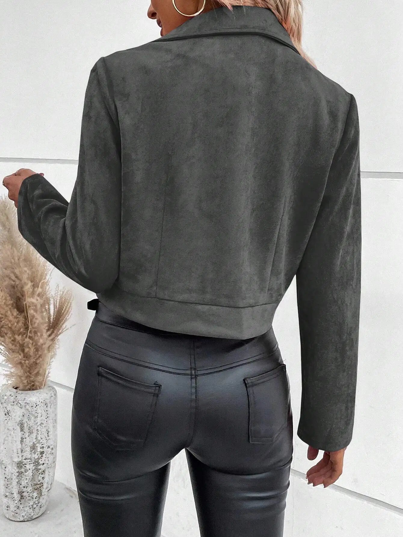 Faux Suede Women Jakcet Zipper Fly Lapel Buttons Motorcycle Jacket Leather Jacket Windproof High Street Biker Jacket Cardigan