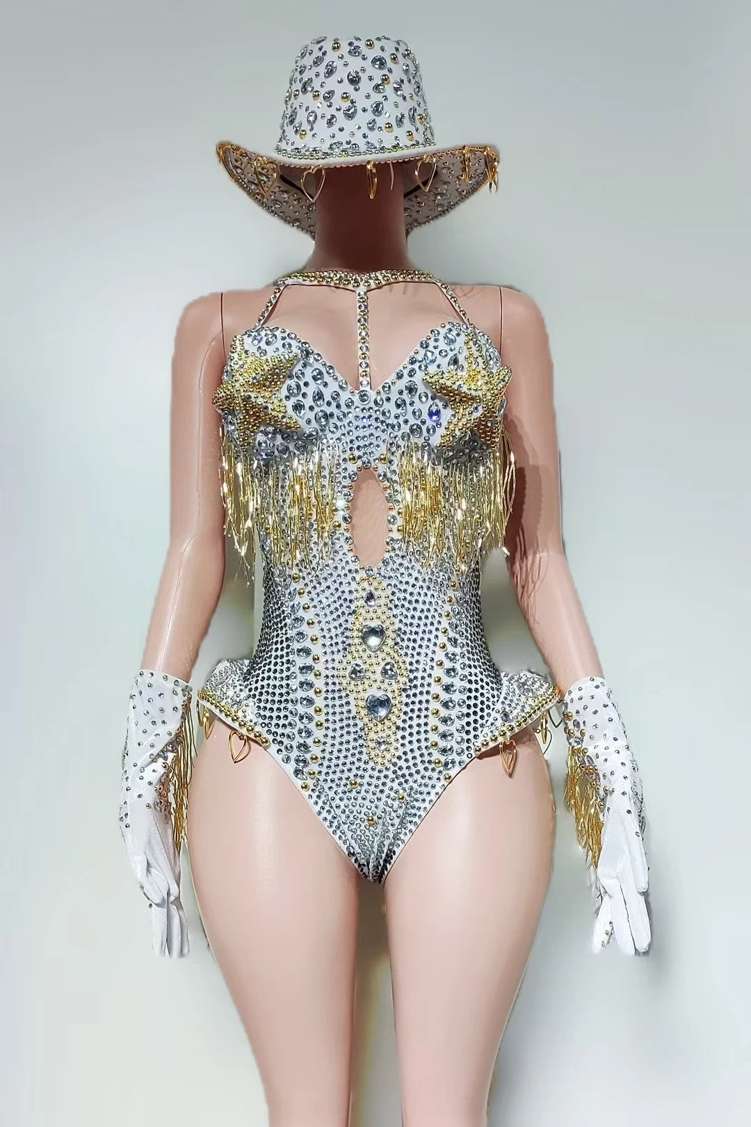Women Sparkly Rhinestone Bodysuit 4Pieces Set Night Party Cowboy Show Outfit Cabaret Carnival Showgirl Sexy Jumpsuit Hongding