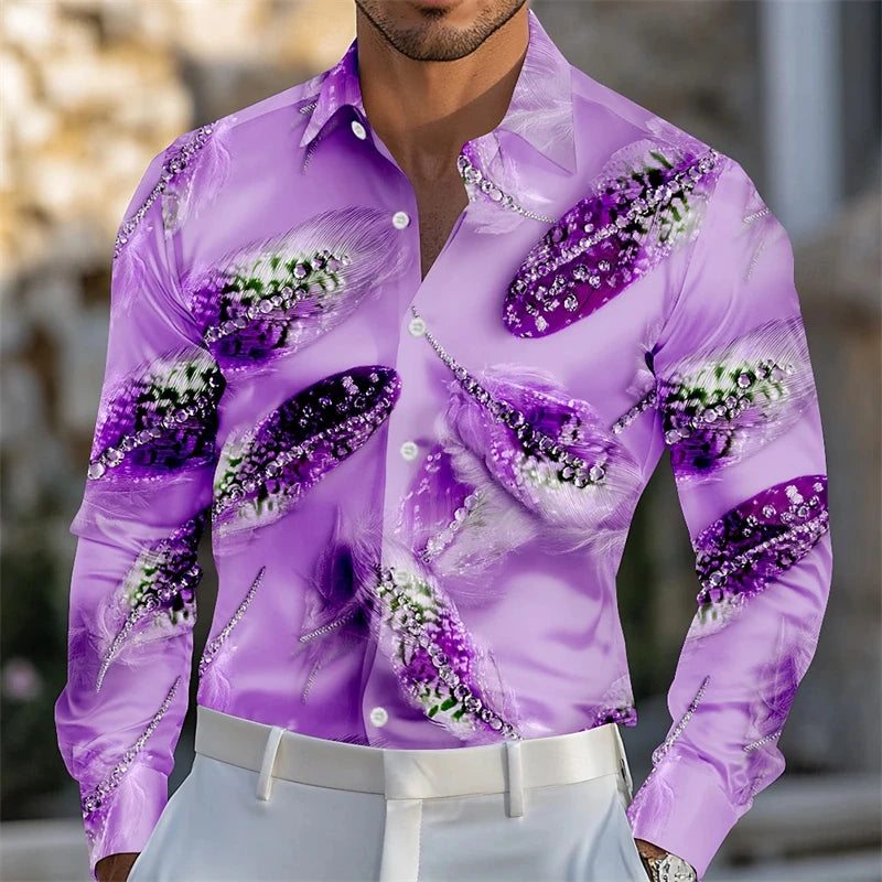Men's Carnival Themed Feather Mask Print Long-Sleeve Shirt, Fashionable Street Style Party Casual Loose Fit Men's Top XS-6XL