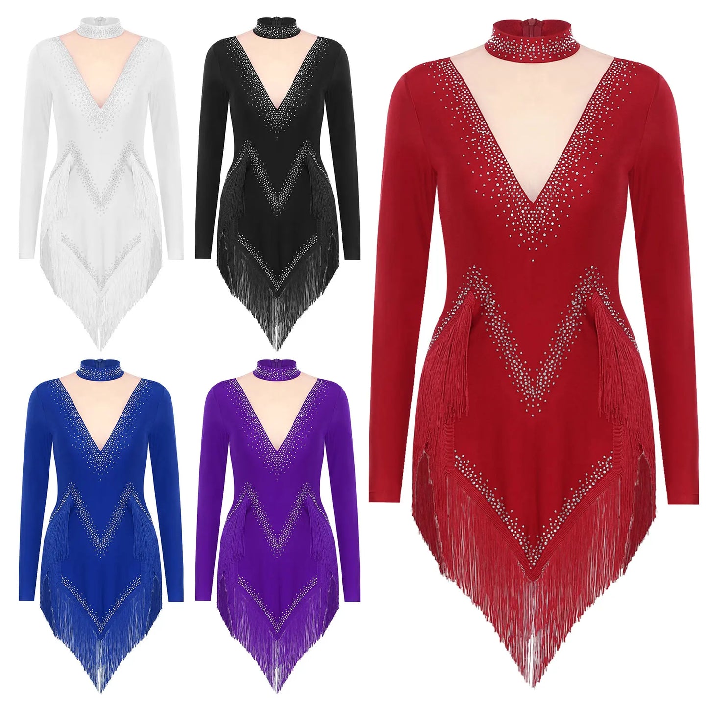 Womens Tassel Latin Tango Samba Dance Dresses Stage Performance Costume Long Sleeve Irregular Hem Shiny Rhinestones Dance Dress