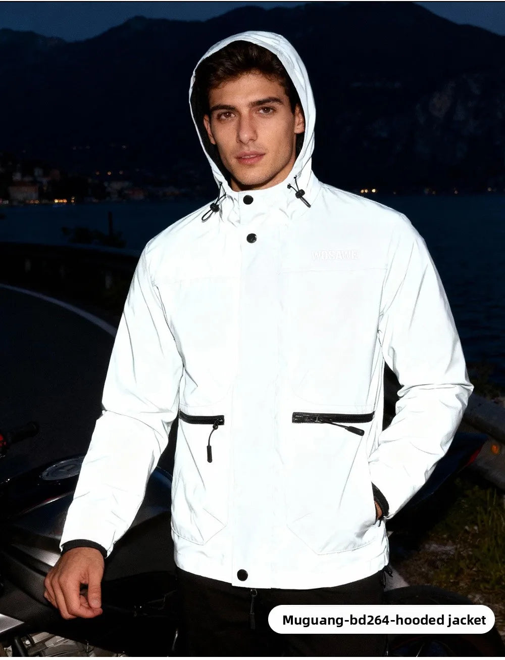 WOSAWE Motorcycle Riding Full Reflective Hooded Jacket, Hiking Night Riding Night Running Charge Carry-on Sports Jacket