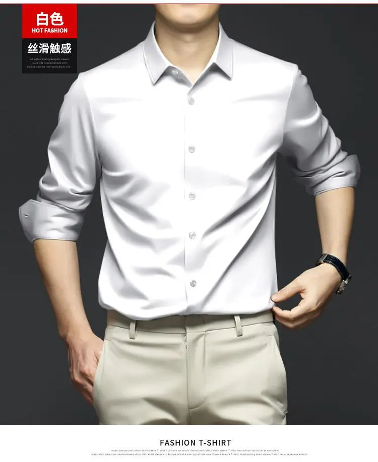 S-6XL Men's Long Sleeve Shirt Luxury Wrinkle Resistant Pure White Shirt Business Dress Casual Ice Silk Glossy Shirt