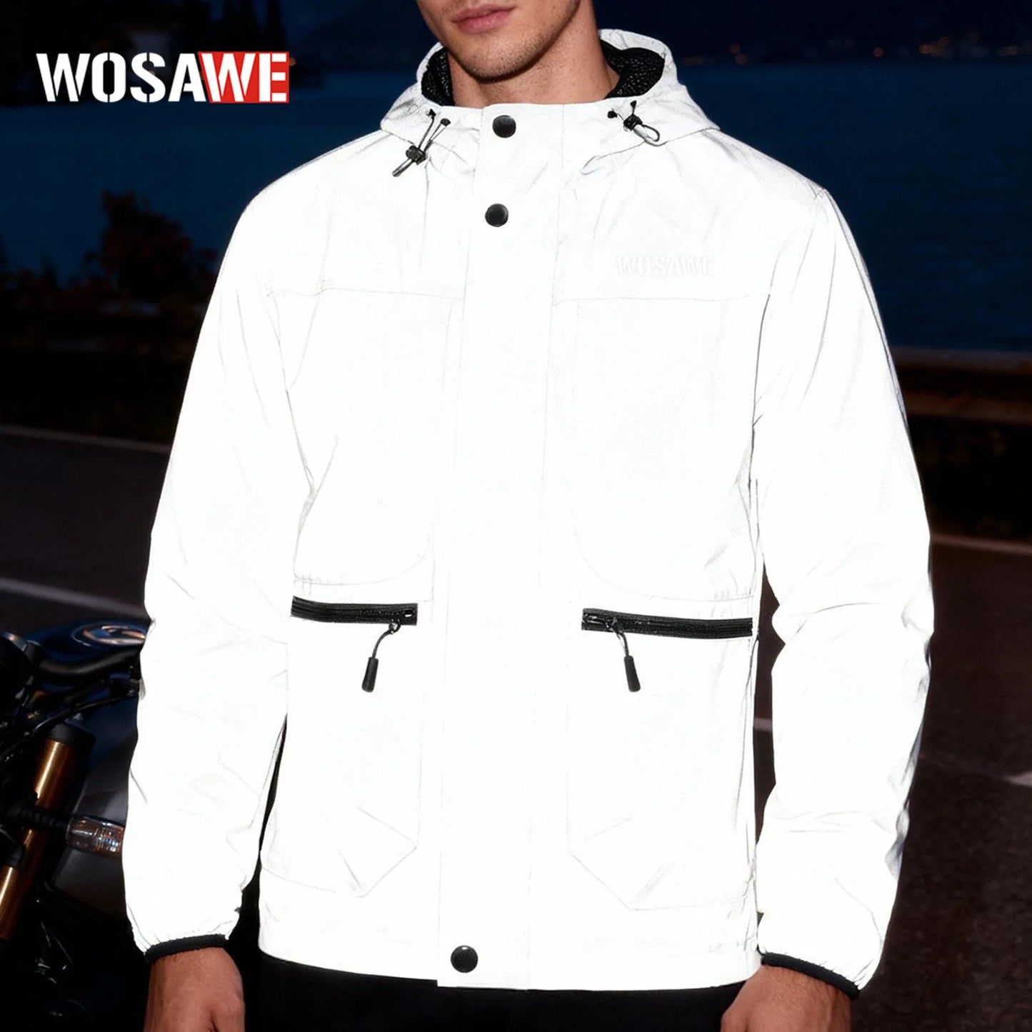 WOSAWE Motorcycle Riding Full Reflective Hooded Jacket, Hiking Night Riding Night Running Charge Carry-on Sports Jacket