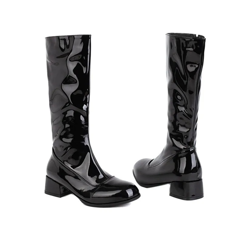 Lady Waterproof Zip Leather Long Boots Knee High Botas Winter Sqare Heels 4cm Square Toe Shoes Plus Size 33-48 Wide Fits White