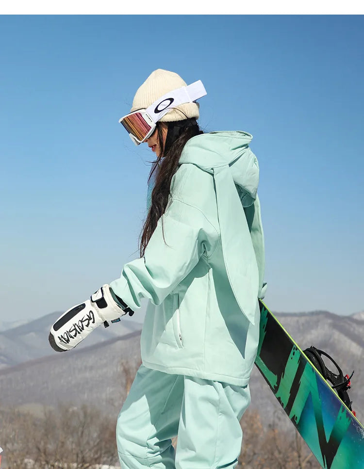 New Trendy Windproof And Warm Rabbit Ear Snow Clothes Men's And Women's Velvet Ski Clothes Set Couple Snow Clothes