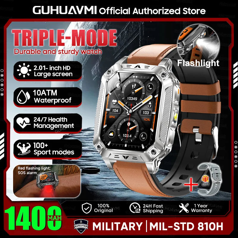 2026 HOT New 1400mAh Large Battery Smart Watch Military Quality 10ATM Waterproof Tactics 100+Sport Bluetooth call SmartWatch Men