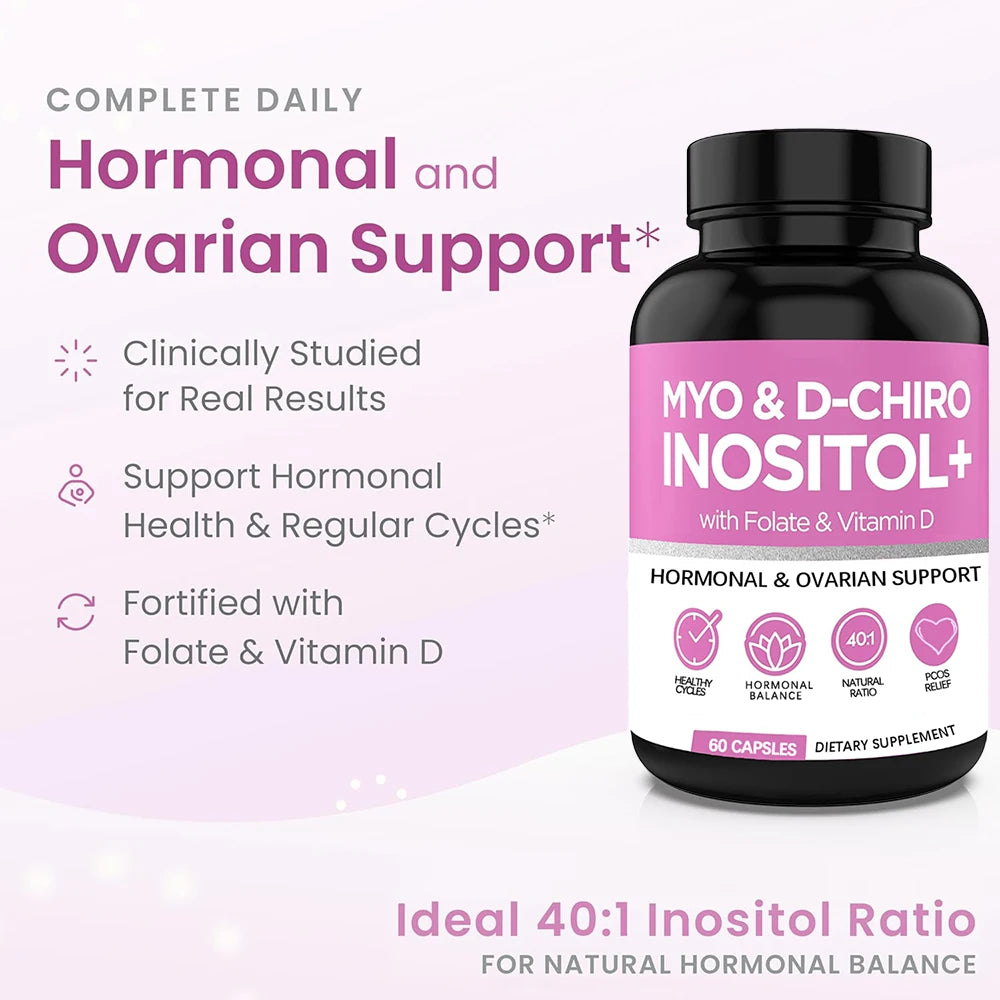 Myo-Inositol & D-Chiro Inositol Capsules for Women, Folate & Vitamin D Support Regular Cycles, Hormonal Balance & Ovarian Health