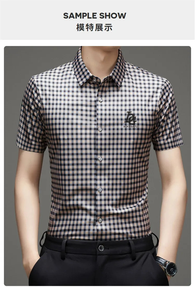 High End Man's Plaid Shirts Non-iron Business Fashion Leisure Tops Luxurious Male Short Sleeve Summer Quality Thin Shirt for Men